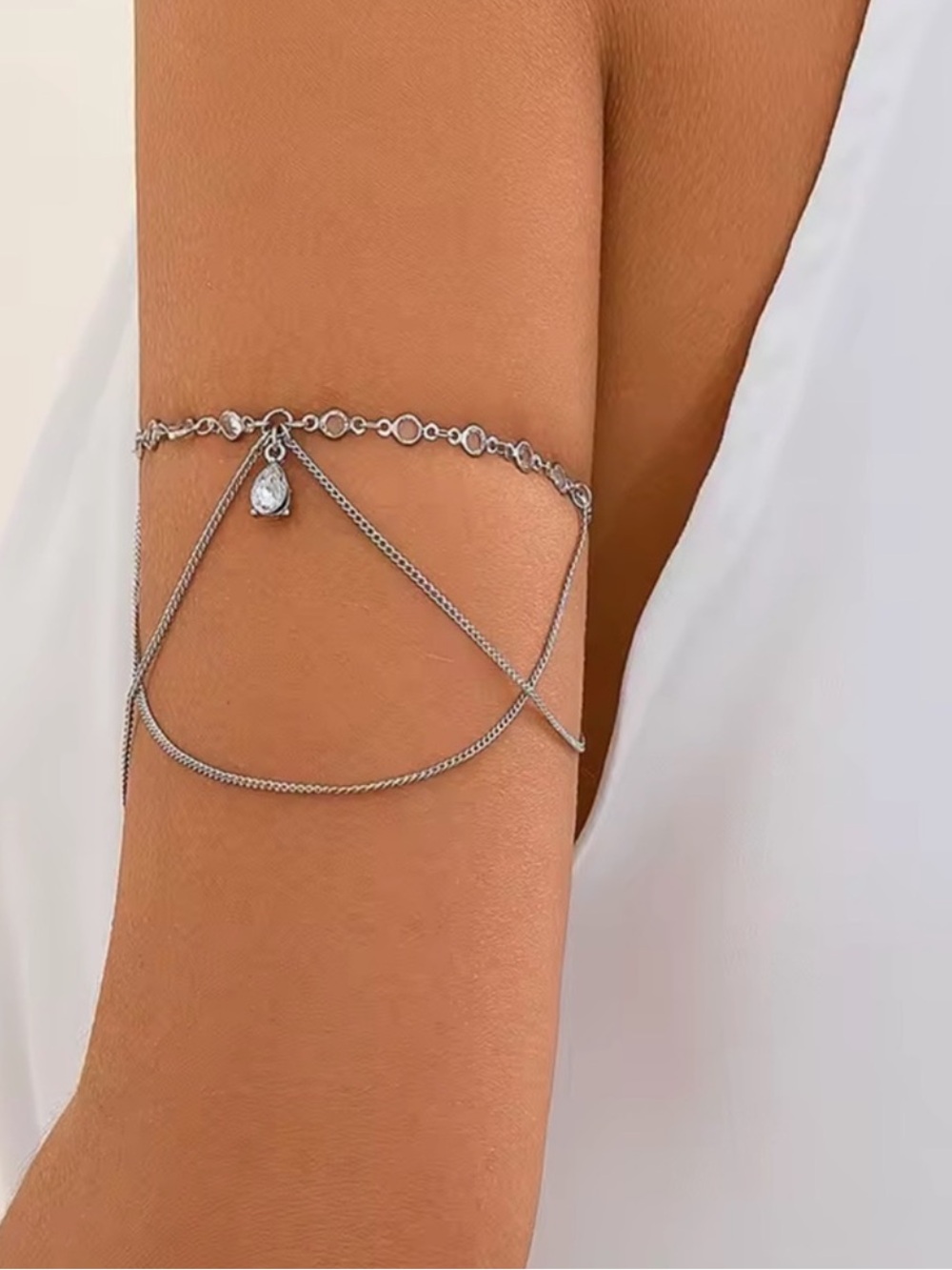 Silver Tone Crystal Arm Cuff Draped Chain Upper Arm Bracelet Body Jewelry